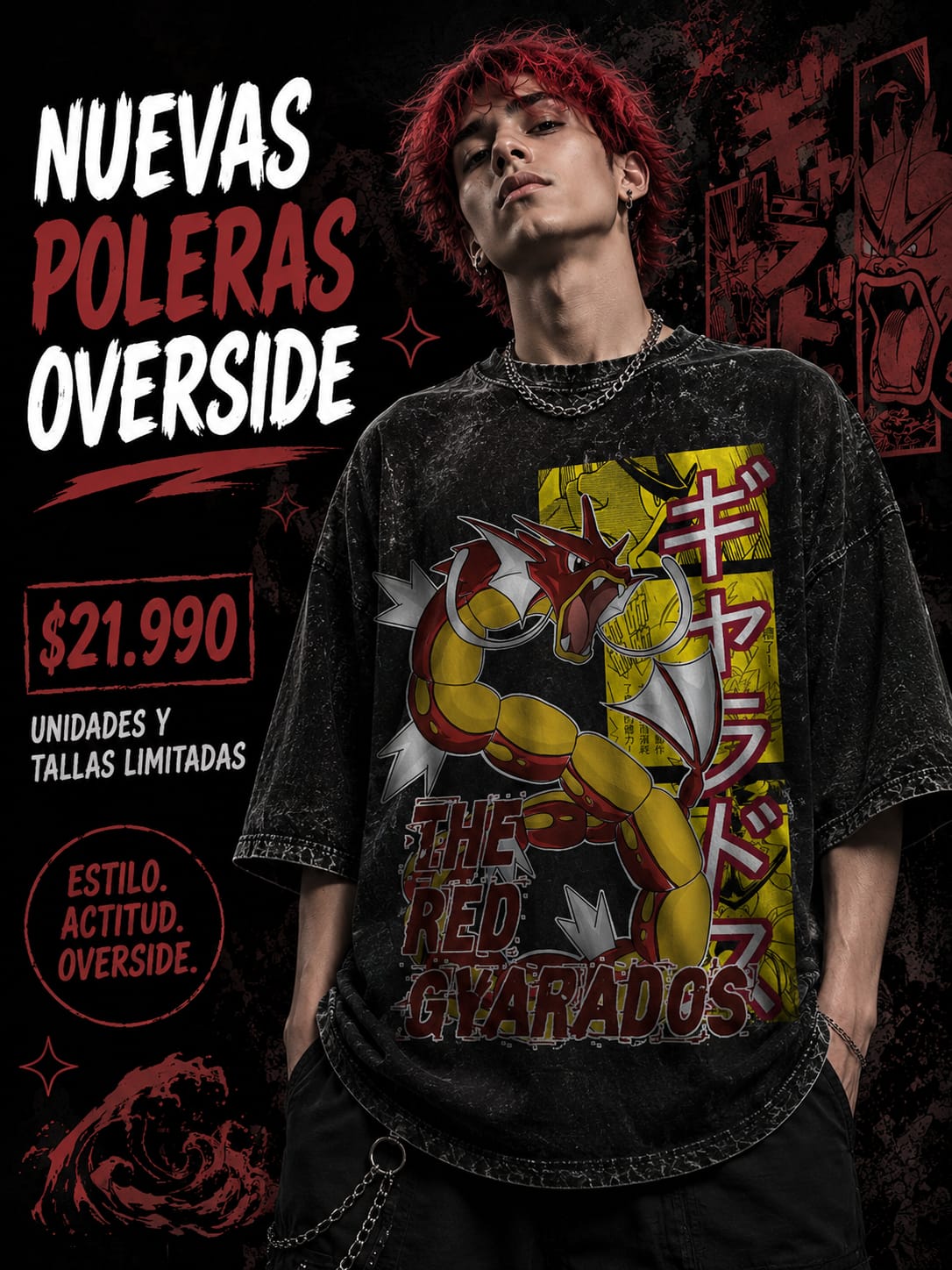 Polera Gyarados Red  Overside acid wash