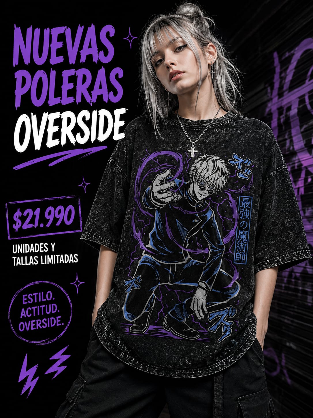 Polera Satoru Gojo Overside acid wash