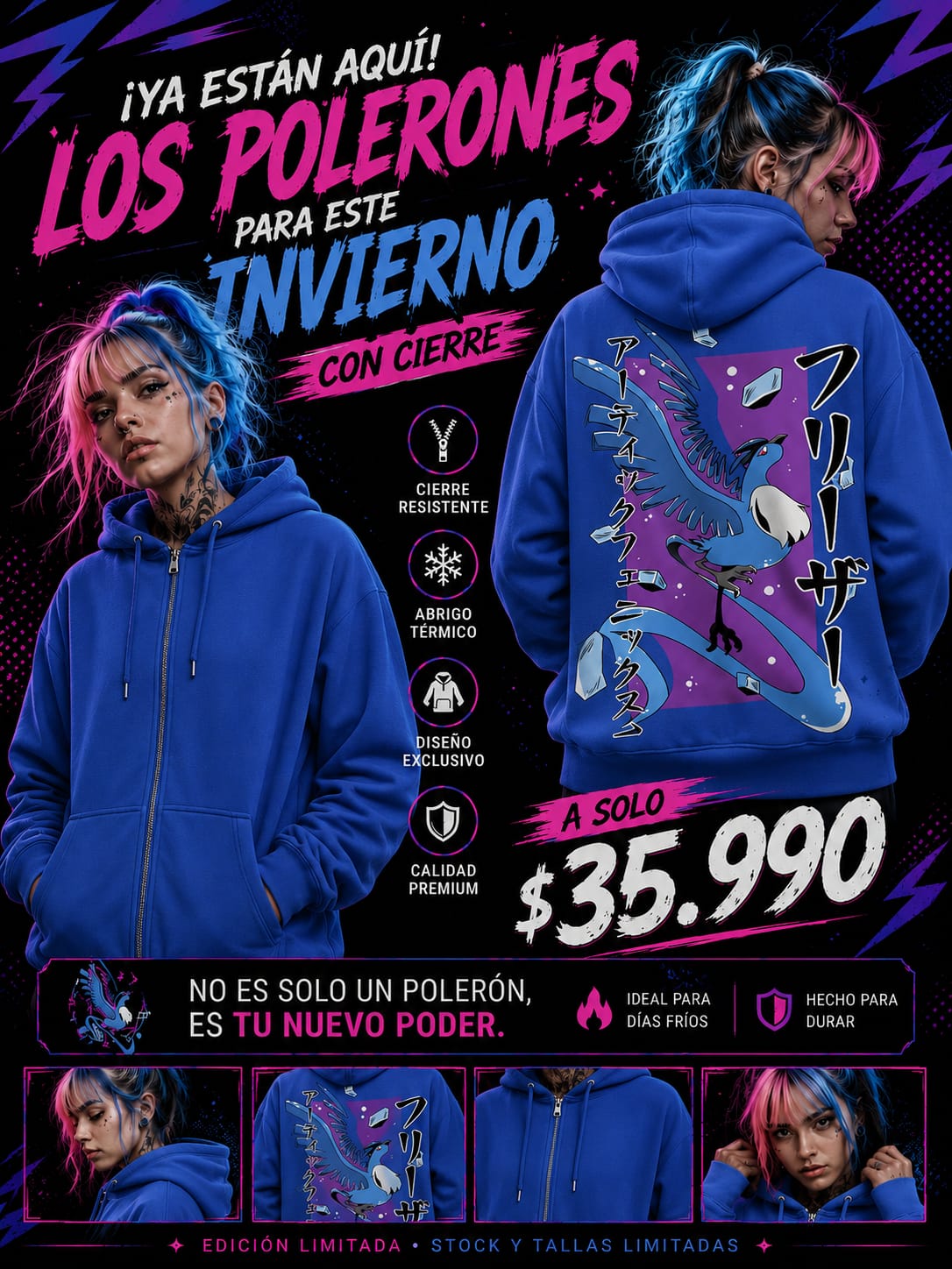 Poleron - Hoddies Articuno  con cierre