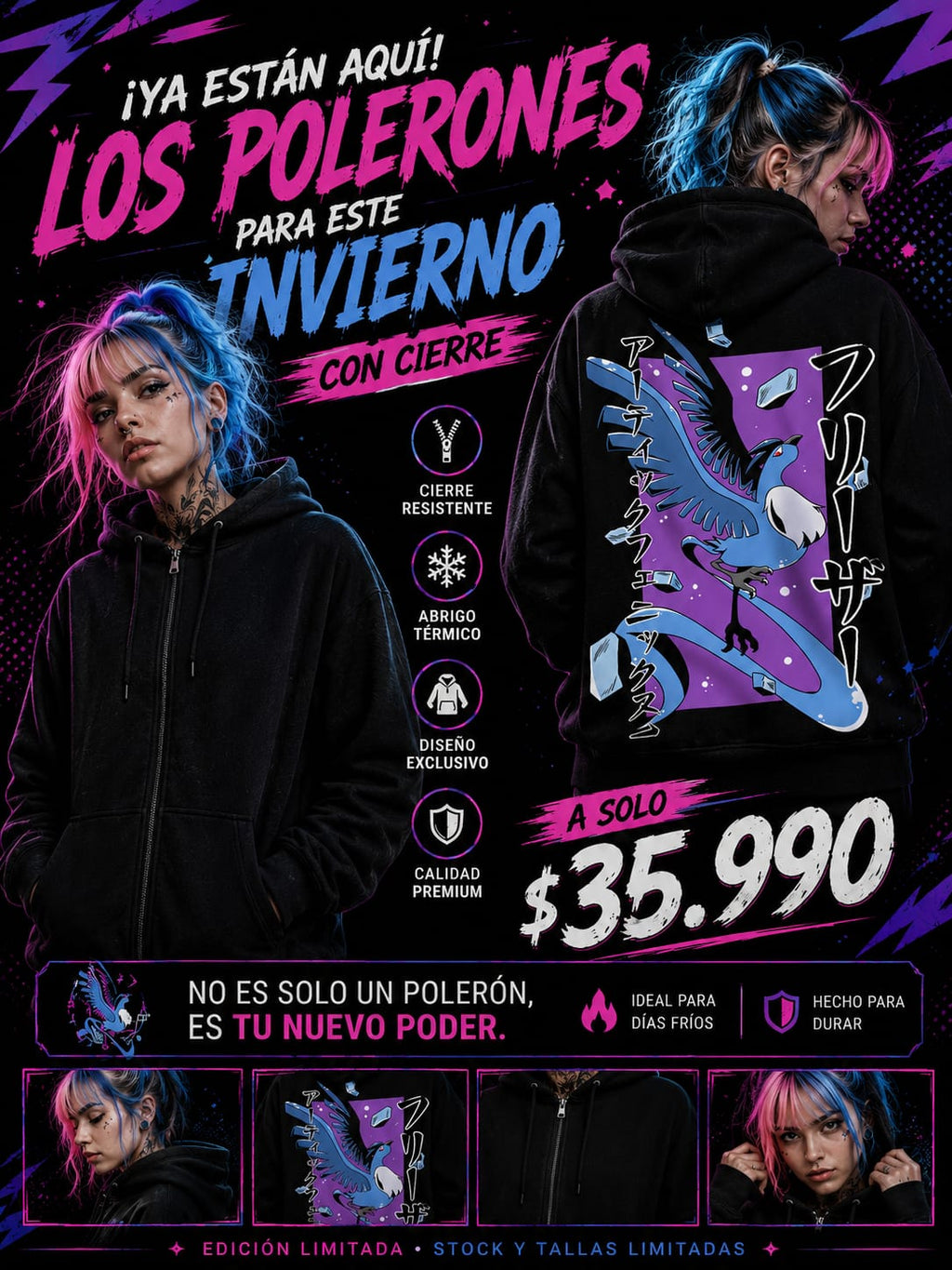 Poleron - Hoddies Articuno  con cierre